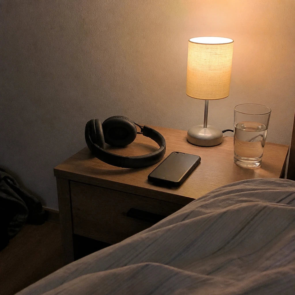Nachttisch bei Nacht: Kopfhörer, Handy mit dem Display nach unten, warme Lampe