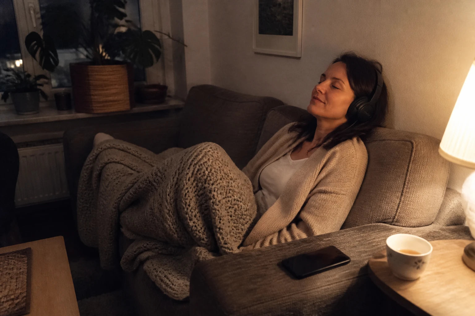 Candid-Foto am Abend: Frau mit Kopfhörern eingekuschelt auf dem Sofa, Augen zu, Handy liegt umgedreht neben ihr