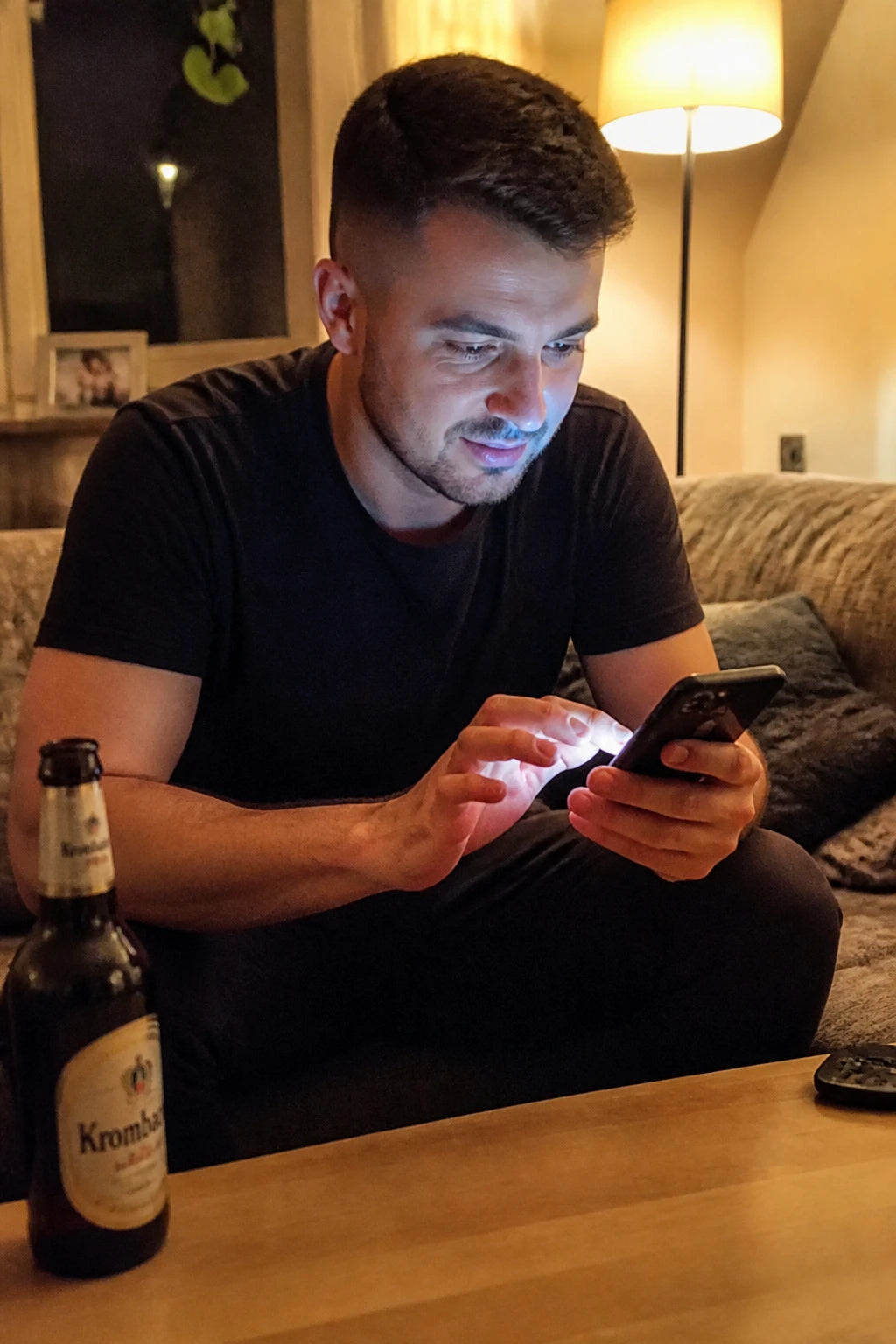 Candid-Schnappschuss: Mann sitzt abends auf dem Sofa und konfiguriert konzentriert etwas am Handy