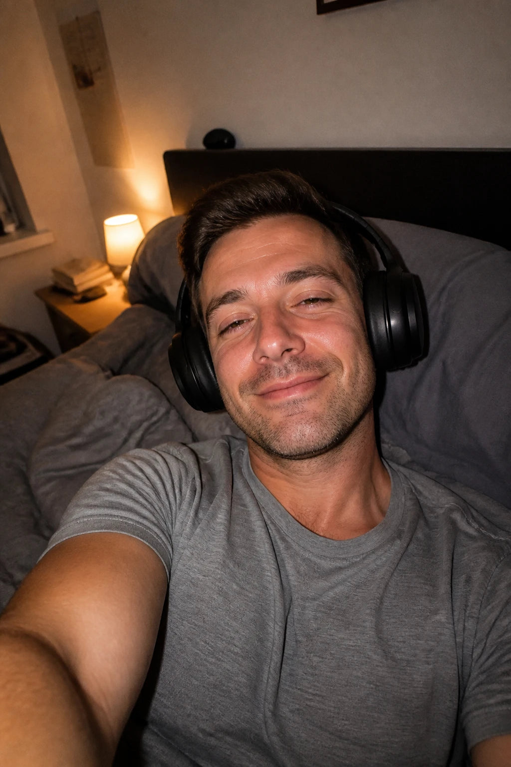 Selfie von Tom nachts im Bett mit aufgesetzten Kopfhörern, entspannter zufriedener Blick