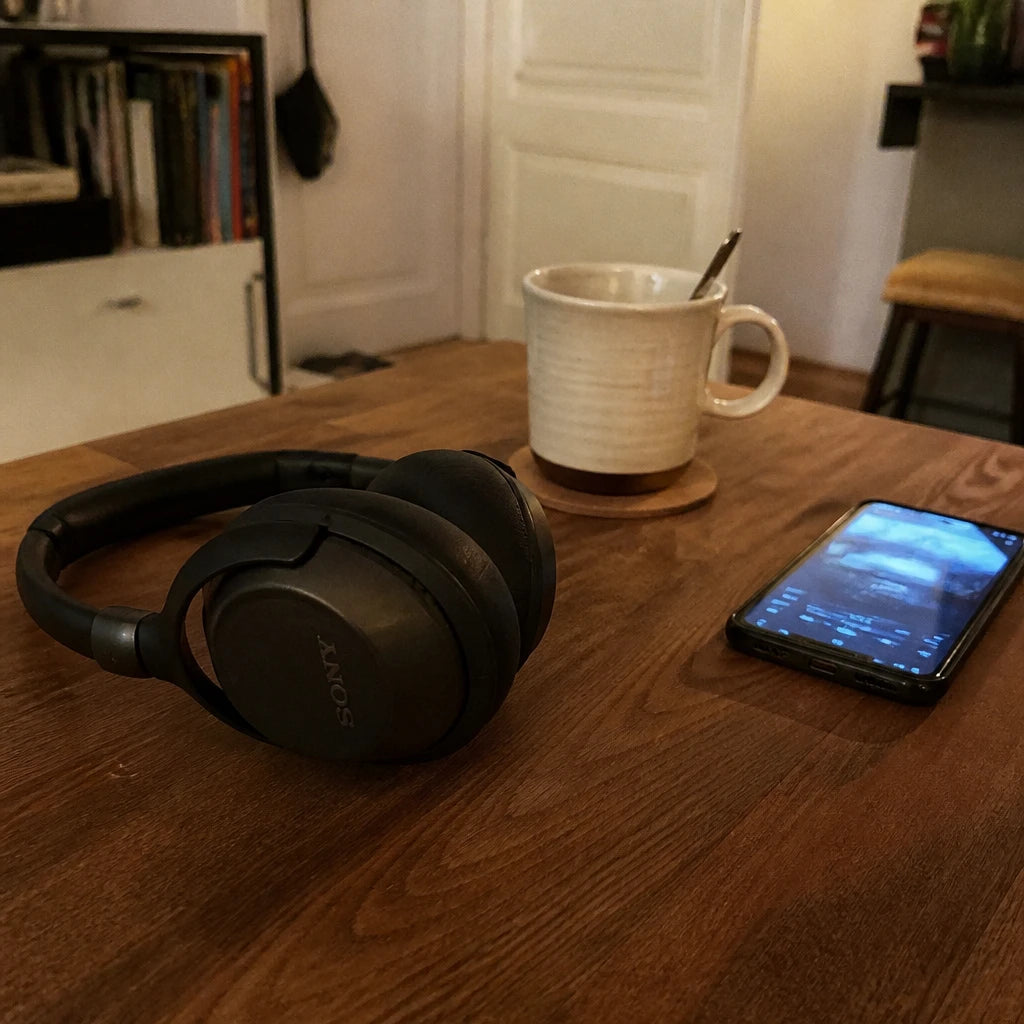 Kopfhörer auf einem Holztisch neben einer Kaffeetasse und einem Handy, warmes Nachmittagslicht